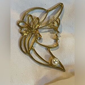 Gold Toned Brooch Pin Silhouette of Woman’s Face
